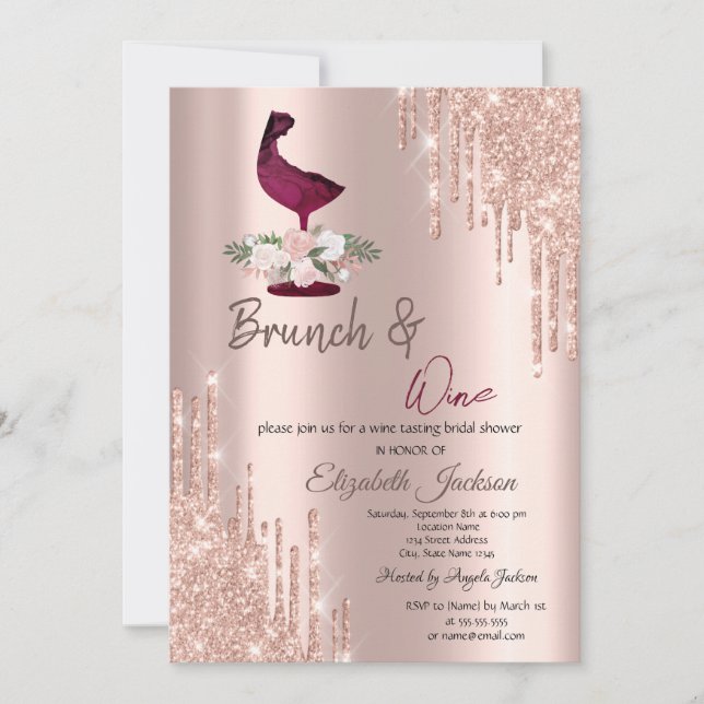 Rose Gold Tropfen Weinglas Brautparty Einladung (Vorderseite)