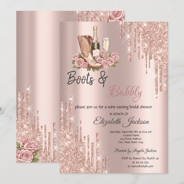 Rose Gold Tropfen Weinstiefel & Bubbly Bridal Einladung (Vorne/Hinten)