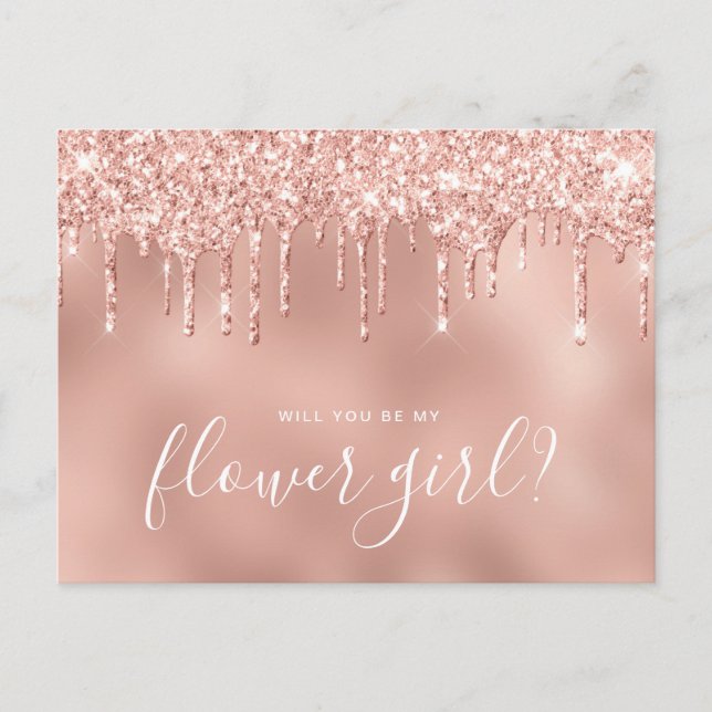 Rose Gold Tropfen werden Sie meine Blume Mädchen Einladungspostkarte (Vorderseite)