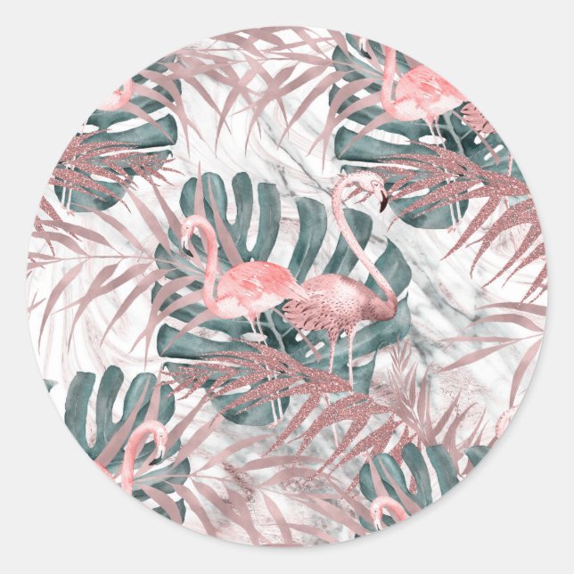 Rose Gold Tropical Flamingos Blätter & Marble Part Runder Aufkleber (Vorderseite)