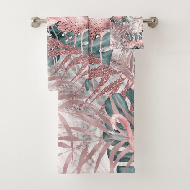 Rose Gold Tropical Flamingos Blätter & Marmor Badhandtuch Set (Insitu)
