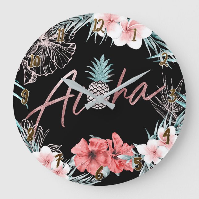 Rose Gold Tropical Pineapple Botanical Aloha Chic Große Wanduhr (Vorderseite)