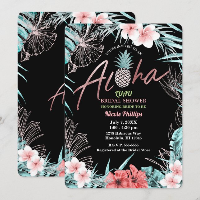 Rose Gold Tropische Ananas Aloha Luau Einladung (Vorne/Hinten)