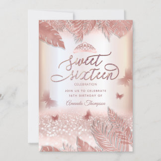 Rose Gold tropische Blätter Glitzer Schmetterling  Einladung