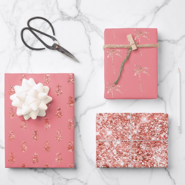 Rose Gold Tropischer Glitzer Ananas Geschenkpapier Set (Vorderseite)