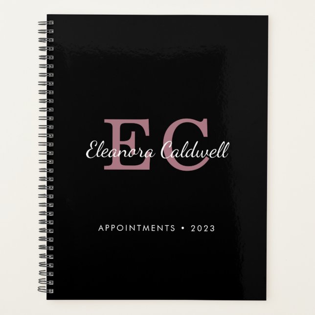 Rose Gold Two Initials Monogramm auf Black 2023 Planer (Vorderseite)
