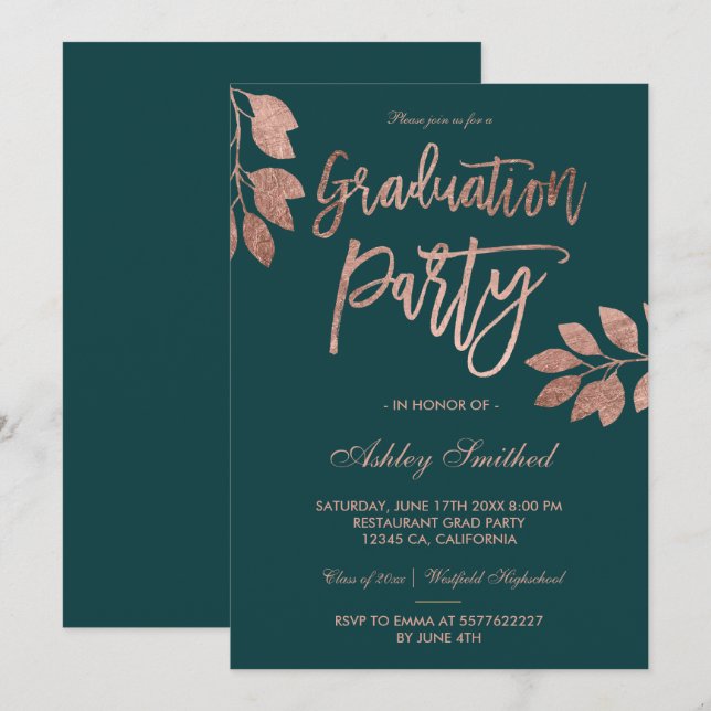 Rose Gold Typografie Blatt grüne Graduierungsparty Einladung (Vorne/Hinten)