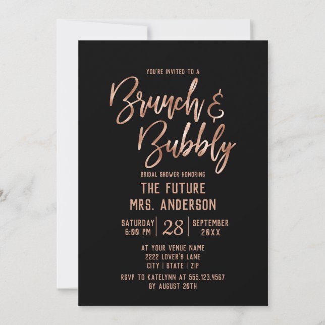 Rose Gold Typografie Brunch & Bubbly Brautparty Einladung (Vorderseite)