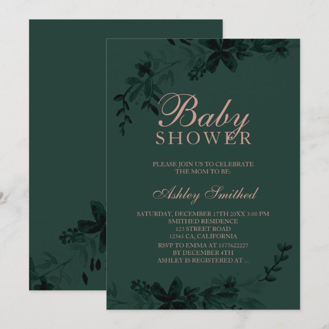 Rose Gold Typografie Floral green Babydusche Einladung (Vorne/Hinten)