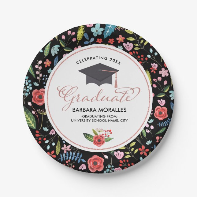 Rose-Gold Typografie Graduate-Farbige Blume Pappteller (Vorderseite)