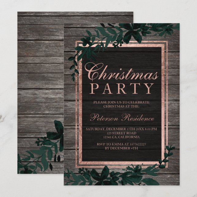 Rose Gold Typografie Grünblattholz Weihnachten Einladung (Vorne/Hinten)
