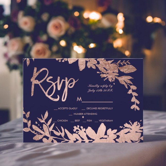 Rose Gold typographie florale marine bleu rsvp mar (Rose Gold typography floral navy blue rsvp wedding)