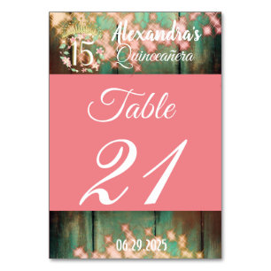 Rose Gold und Aquamarine rustikale Quinceñera Span Tischnummer