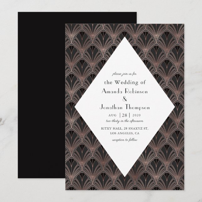 Rose Gold und Black Art Deco Hochzeit Einladung (Vorne/Hinten)