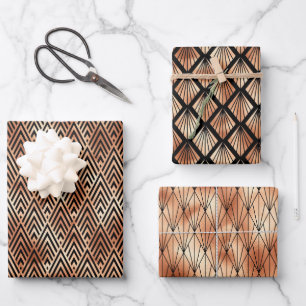 Rose Gold und Black Diamond Art Deco Muster Geschenkpapier Set