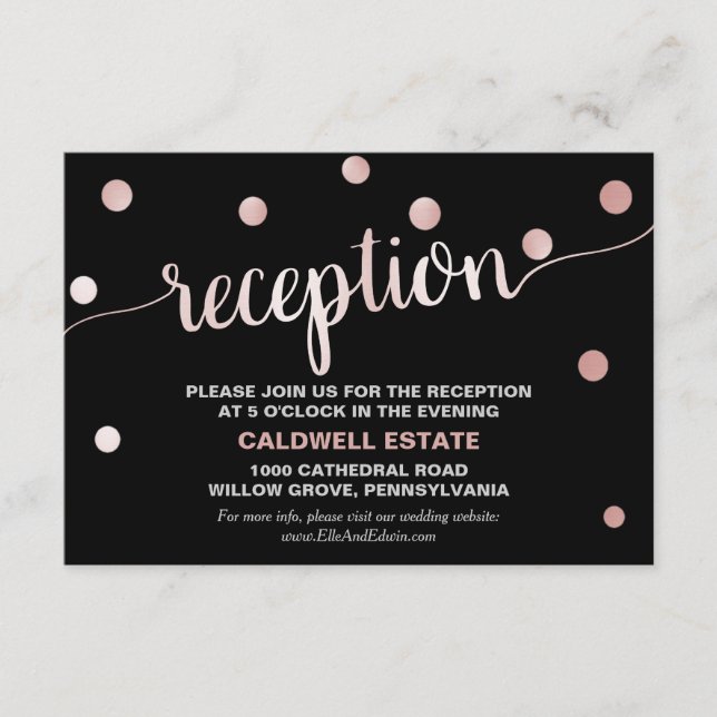 Rose Gold und Black Glam Hochzeitsempfang Beilage Begleitkarte (Vorderseite)