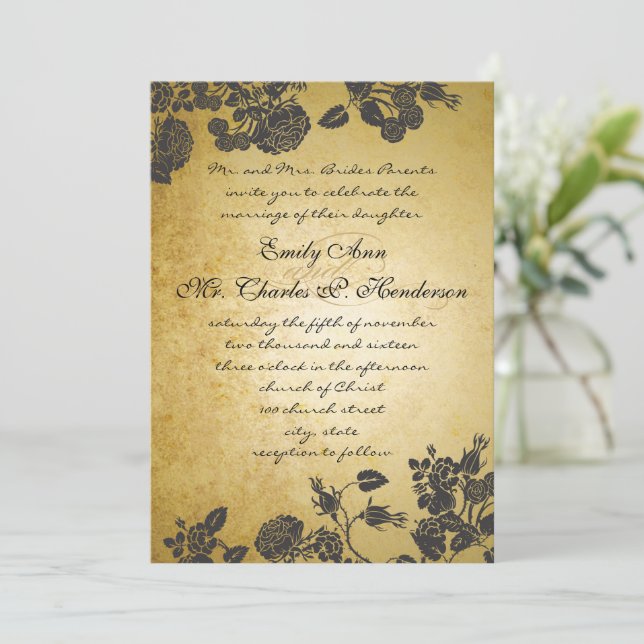 Rose Gold und Black Rose Hochzeit Einladung (Stehend Vorderseite)