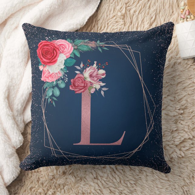 Rose Gold und Blau L Monogram Floral Throw Kissen (Decke)