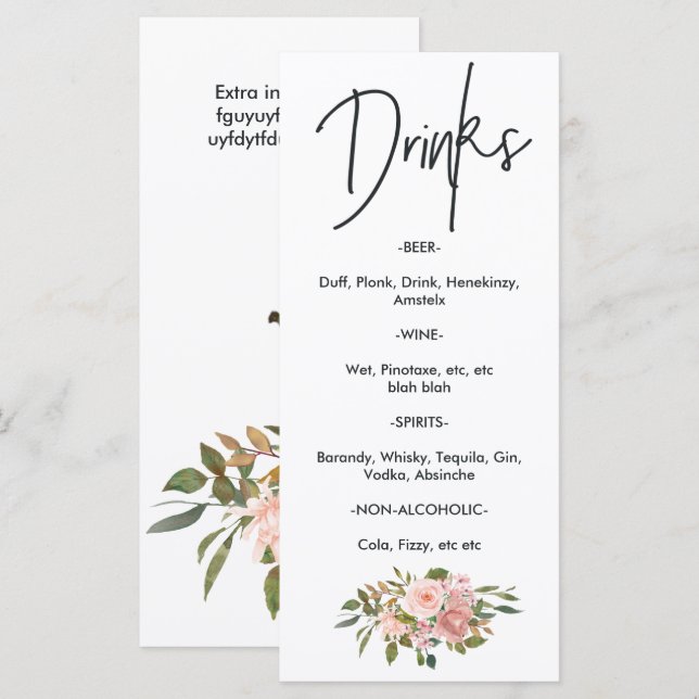 Rose Gold und Blush Blumenstrauß Tee Party Getränk Menükarte (Vorne/Hinten)
