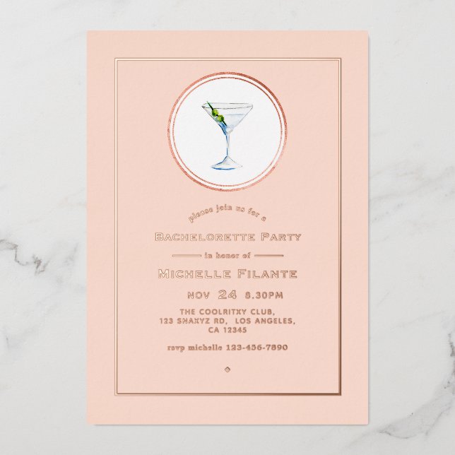 Rose Gold und Blush Cocktail Junggeselinnen-Abschi Folieneinladung (Vorderseite)