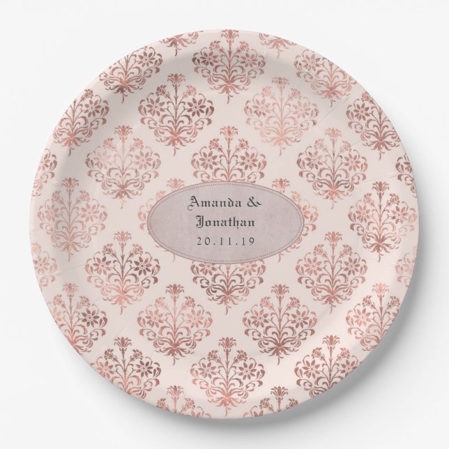 Rose Gold und Blush Damask Foil Wedding Pappteller (Vorderseite)