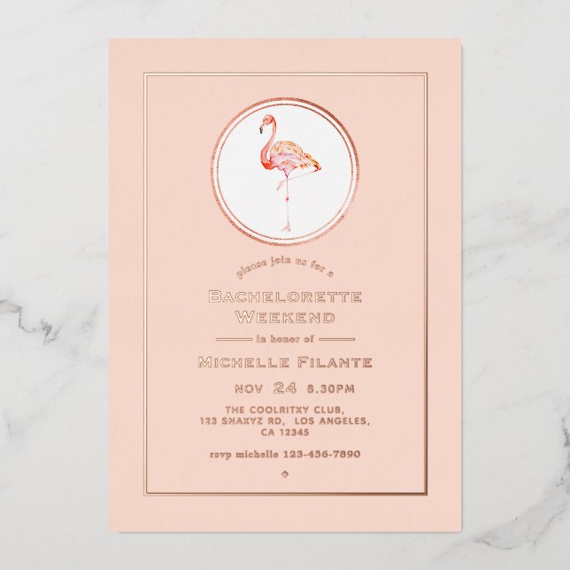 Rose Gold und Blush Flamingo Bachelorette Wochenen Folieneinladung (Vorderseite)