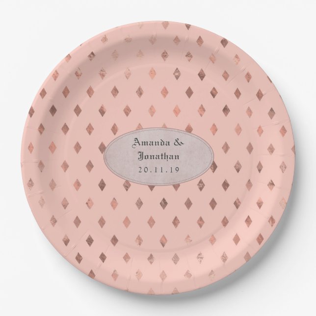 Rose Gold und Blush Foil Diamant Muster Hochzeit Pappteller (Vorderseite)