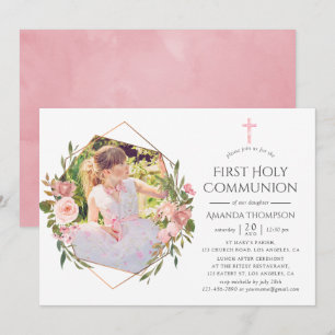 Rose Gold und Blush geometrische Erstkommunion Einladung