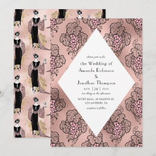 Rose Gold und Blush Pink Art Deco Wein Hochzeit Einladung