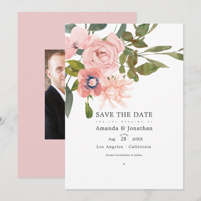 Rose Gold und Blush Pink Blumenzwiebeln Foto Save The Date (Vorne/Hinten)
