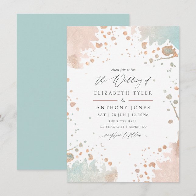 Rose Gold und Blush Pink Paint Spritzer Hochzeit Einladung (Vorne/Hinten)