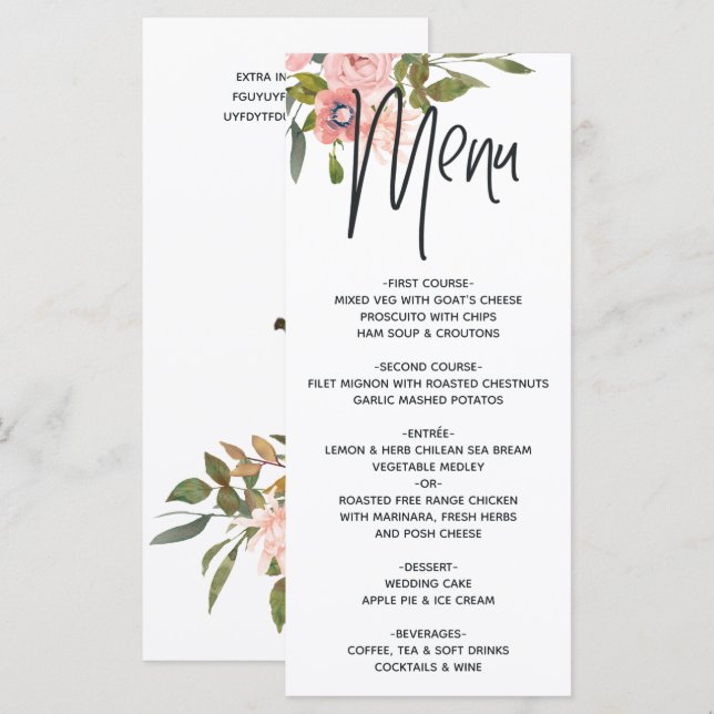 Rose Gold und Blüten Menükarte (Vorne/Hinten)