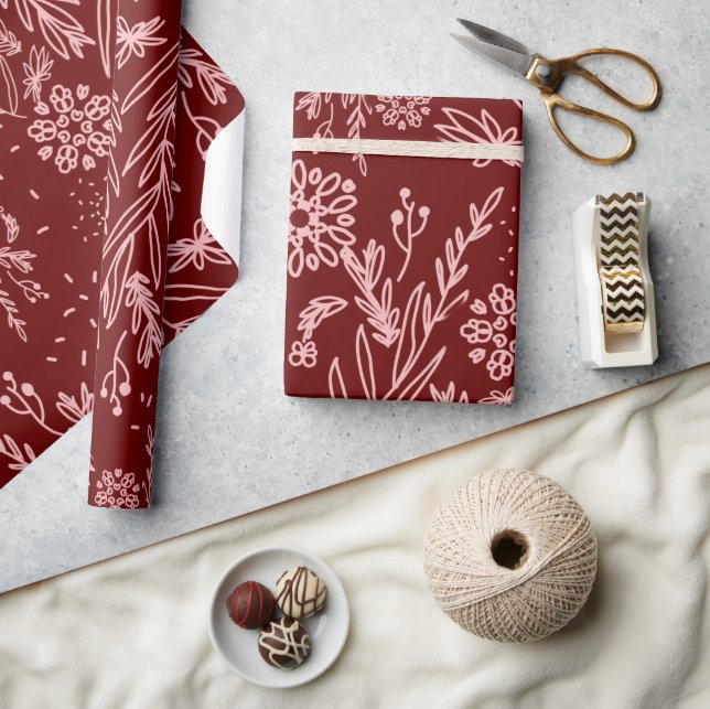 Rose Gold und Burgund Botanisches Doodle-Muster Geschenkpapier (Kunsthandwerk)