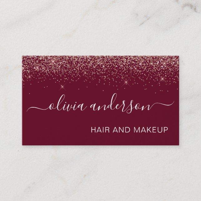 Rose Gold und Burgund Glitzer Haar Makeup Salon Visitenkarte (Vorderseite)