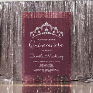 Rose Gold und Burgund Quinceanera mit Tiara Einladung