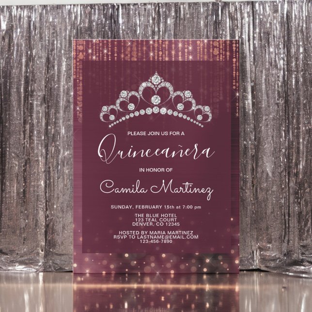 Rose Gold und Burgund Quinceanera mit Tiara Einladung (Von Creator hochgeladen)