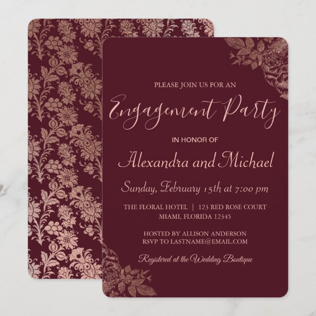 Rose Gold und Burgund Rose Engagement Partei Einladung (Vorne/Hinten)