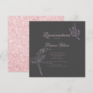 Rose Gold und Glitzer Ballett Quinceanera Einladung