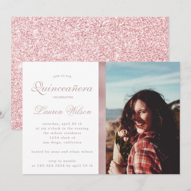 Rose Gold und Glitzer Quinceanera Foto Einladung (Vorne/Hinten)