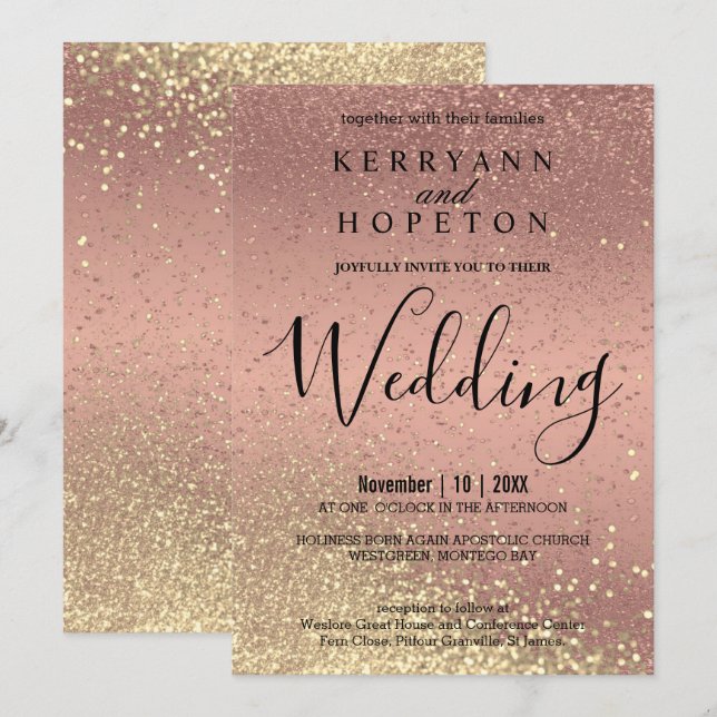 Rose Gold und Gold Glitzer Einladung (Vorne/Hinten)