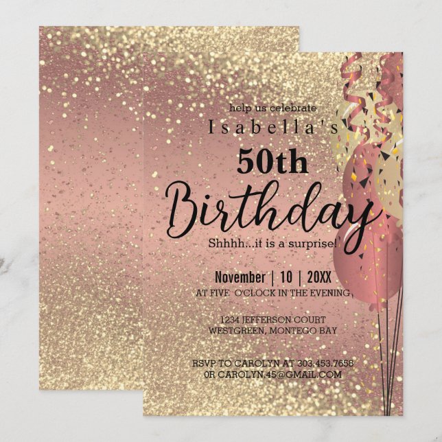 Rose Gold und Gold Glitzer Einladung zum Geburtsta (Vorne/Hinten)