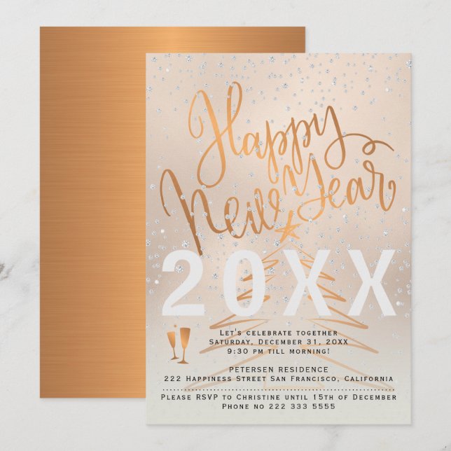 Rose Gold und Kupfer Metallisches Neujahrsfest Par Einladung (Vorne/Hinten)