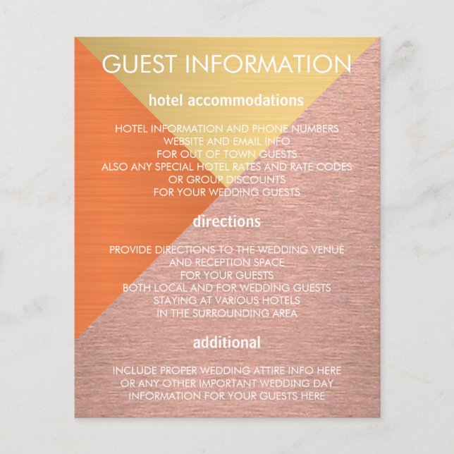 Rose Gold und Kupfer Moderne Hochzeitsinfo Beilage Flyer (Vorne)