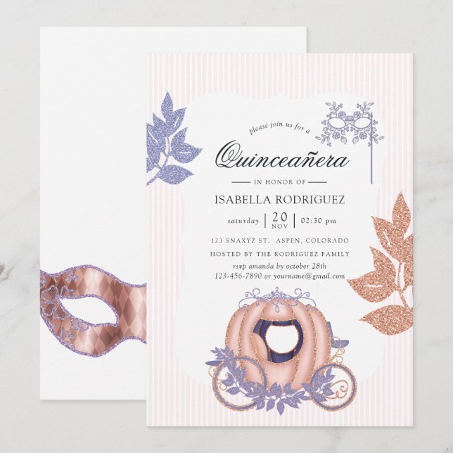 Rose Gold und Lilac Glitzer Princess Quinceañera Einladung (Vorne/Hinten)