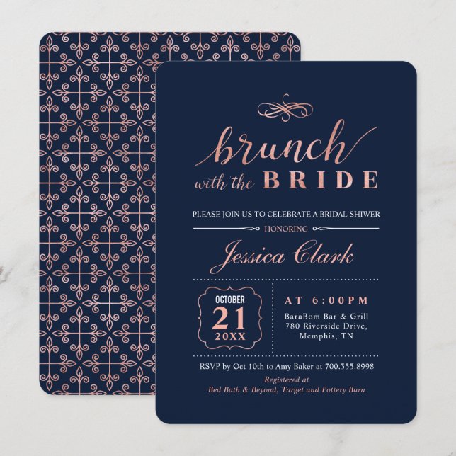 Rose Gold und Marine | Elegant Wedding Bridal Brun Einladung (Vorne/Hinten)
