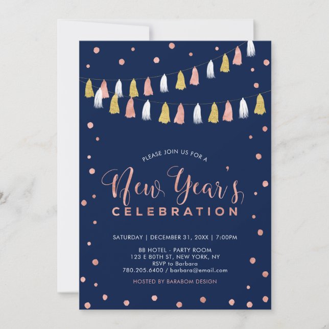 Rose Gold und Marine | Modernes Party Silvester Einladung (Vorderseite)