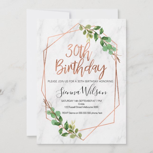 Rose Gold und Marmor 30. Geburtstag Einladung (Vorderseite)