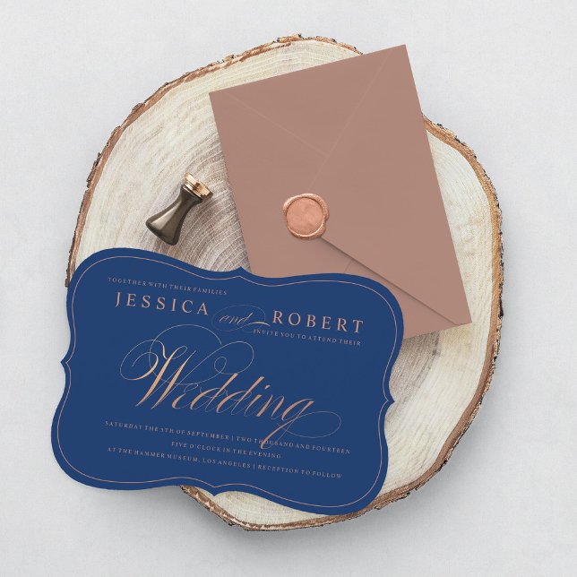 Rose Gold und Navy Blue Elegante Script Hochzeit Einladung (Von Creator hochgeladen)