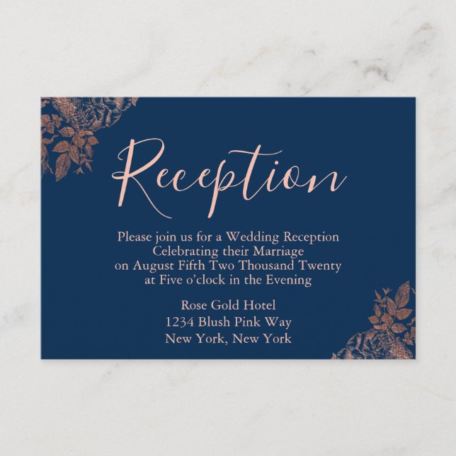 Rose Gold und Navy Blue Hochzeitsempfang Begleitkarte (Vorderseite)