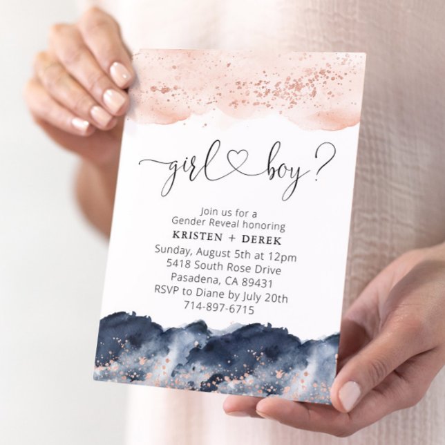 Rose Gold und Navy Blue Watercolor Gender Reveal Einladung (Von Creator hochgeladen)
